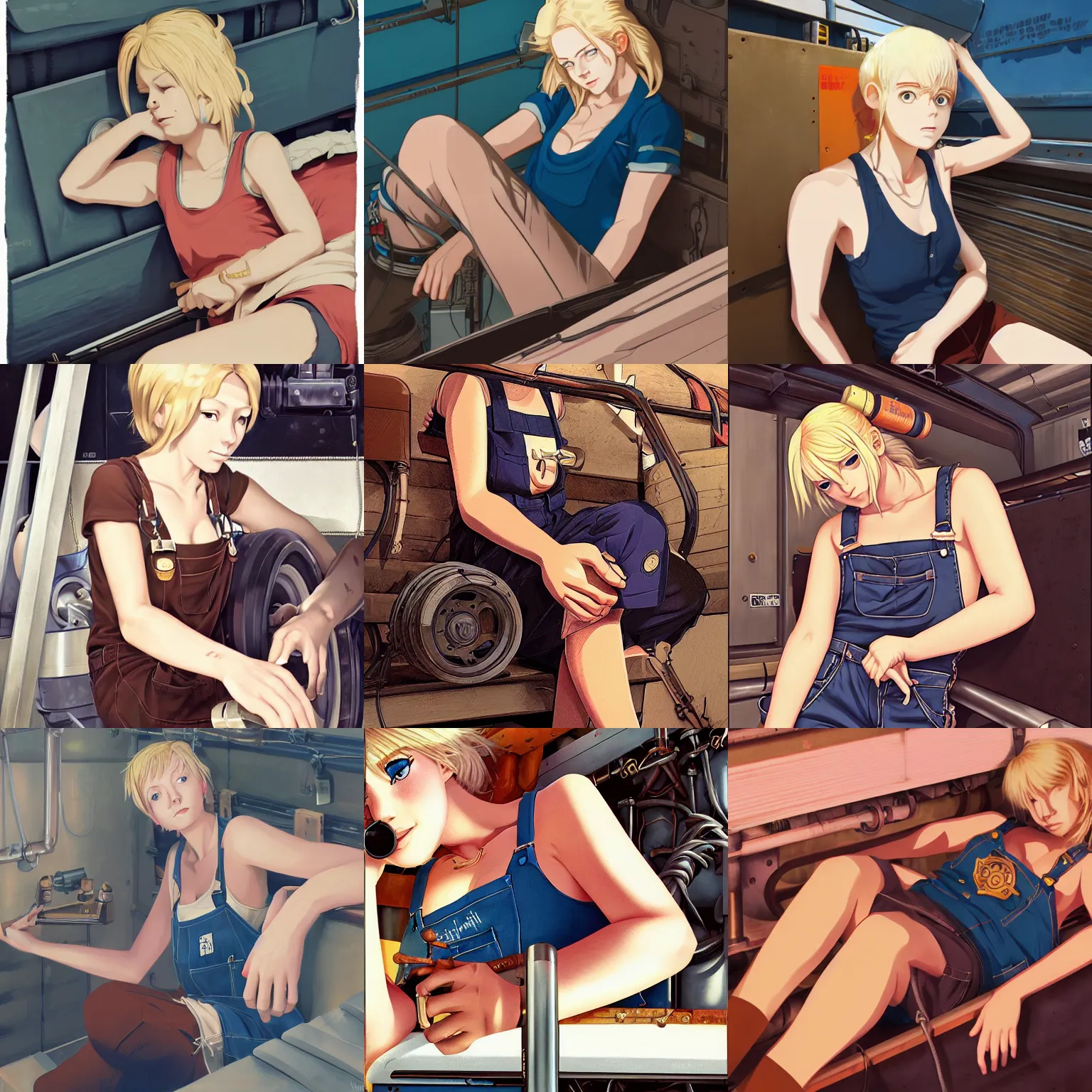 Prompt: portrait of a mechanic resting in her cramped bunk, blonde, tank top, overalls, steampunk, richly defined face, highly detailed, cel shading, digital painting, anime key visual, artwork by ilya kuvshinov and hayao miyazaki and wlop