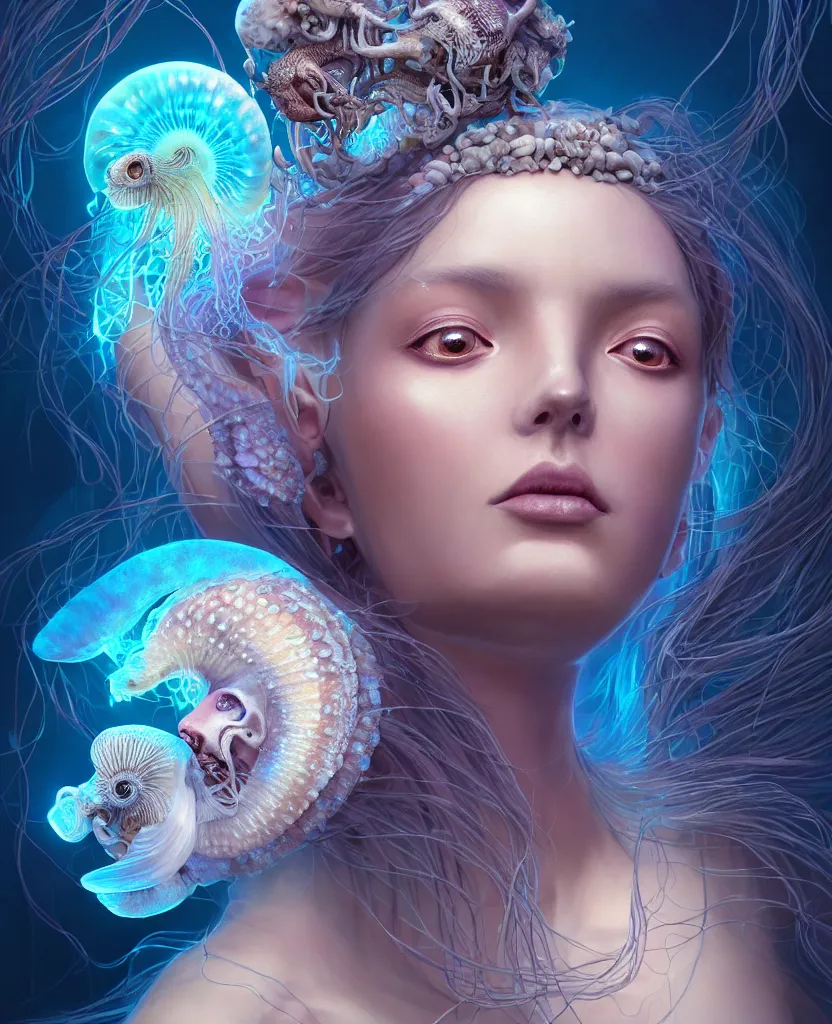 Image similar to goddess close-up portrait of princess face and ram skull. eyes. jellyfish phoenix head, nautilus, orchid, skull, betta fish, bioluminiscent creatures, intricate artwork by Tooth Wu and wlop and beeple. octane render, trending on artstation, greg rutkowski very coherent symmetrical artwork. cinematic, hyper realism, high detail, octane render, 8k