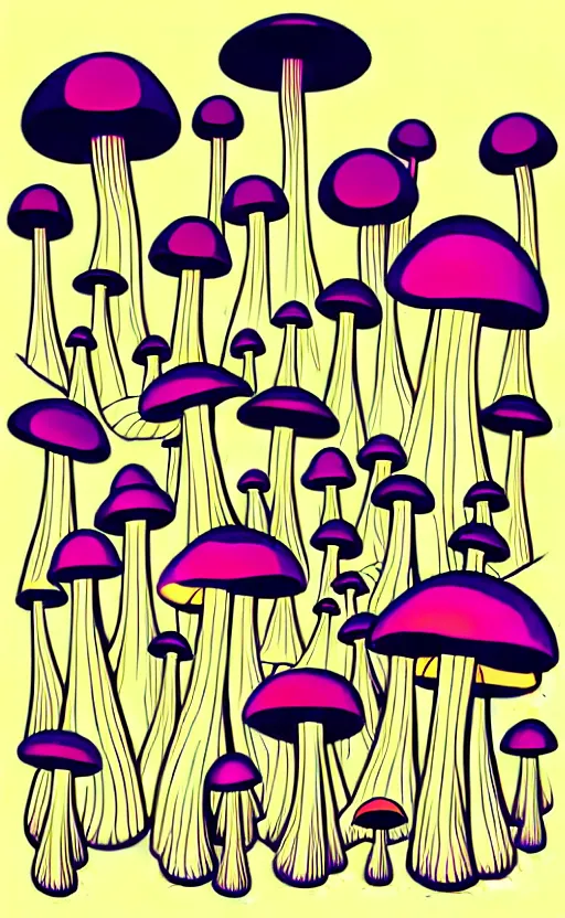 Image similar to psychedelic mushrooms wide angle shot, white background, vector art, illustration by frank frazetta