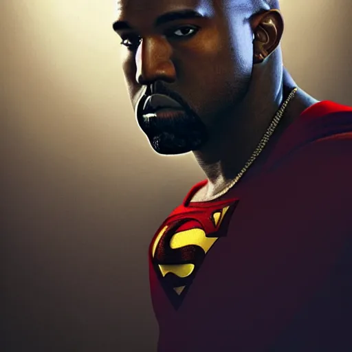 Image similar to Portrait of Kanye West as superman, heroic, amazing splashscreen artwork, splash art, head slightly tilted, natural light, elegant, intricate, fantasy, atmospheric lighting, cinematic, matte painting, detailed face, by Greg rutkowski