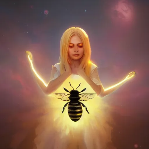 Image similar to The Bee Goddess, huggy wuggy from poppy playtime video game, fullbody, ultra high detailed, glowing lights, oil painting, Greg Rutkowski, Charlie Bowater, Beeple, unreal 5, DAZ, hyperrealistic, octane render, RPG portrait, dynamic lighting, fantasy art, beautiful face