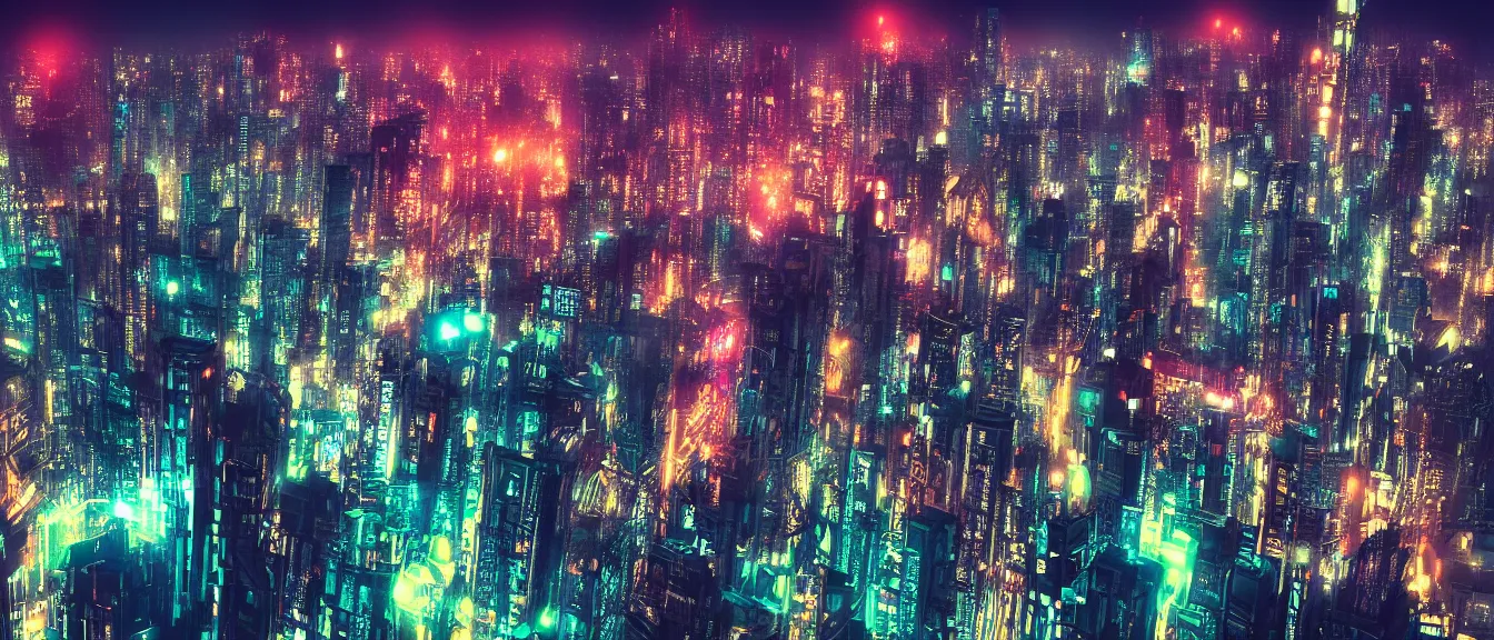 Prompt: photograph of enormous futuristic city, nighttime, aerial view, style of blade runner, cyberpunk, glowing multicolored neon, futuristic megastructures, award winning photo