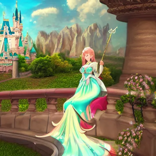 Prompt: a pleasant, beautiful, funny, smooth 3D CG render, semirealistic anime style, a noble priestess magician princess girl wearing dress and jewelry, in a glorious magic kingdom with castle and walls, relaxing calm vibes, fairytale