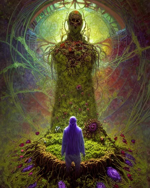 Image similar to the platonic ideal of flowers, rotting, insects and praying of cletus kasady carnage thanos dementor doctor manhattan chtulu mandelbulb spirited away lichen mandala bioshock davinci heavy rain the witcher botw, d & d, fantasy, ego death, decay, dmt, psilocybin, art by greg rutkowski and anders zorn