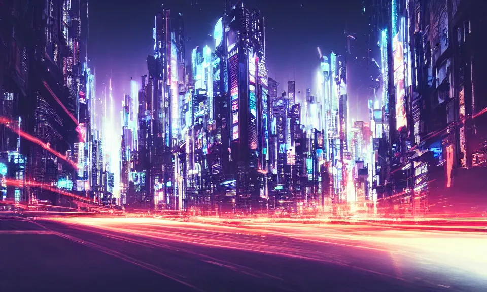 Image similar to photo of a cyberpunk city at night, long exposure photograph, light streaks, lens flare, 4k, grainy