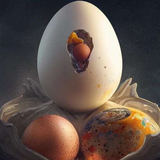 Image similar to a broken egg with the universe as the yolk pouring out, ultra realistic, concept art, intricate details, highly detailed, photorealistic, octane render, 8 k, unreal engine. art by artgerm and greg rutkowski and magali villeneuve and alphonse mucha