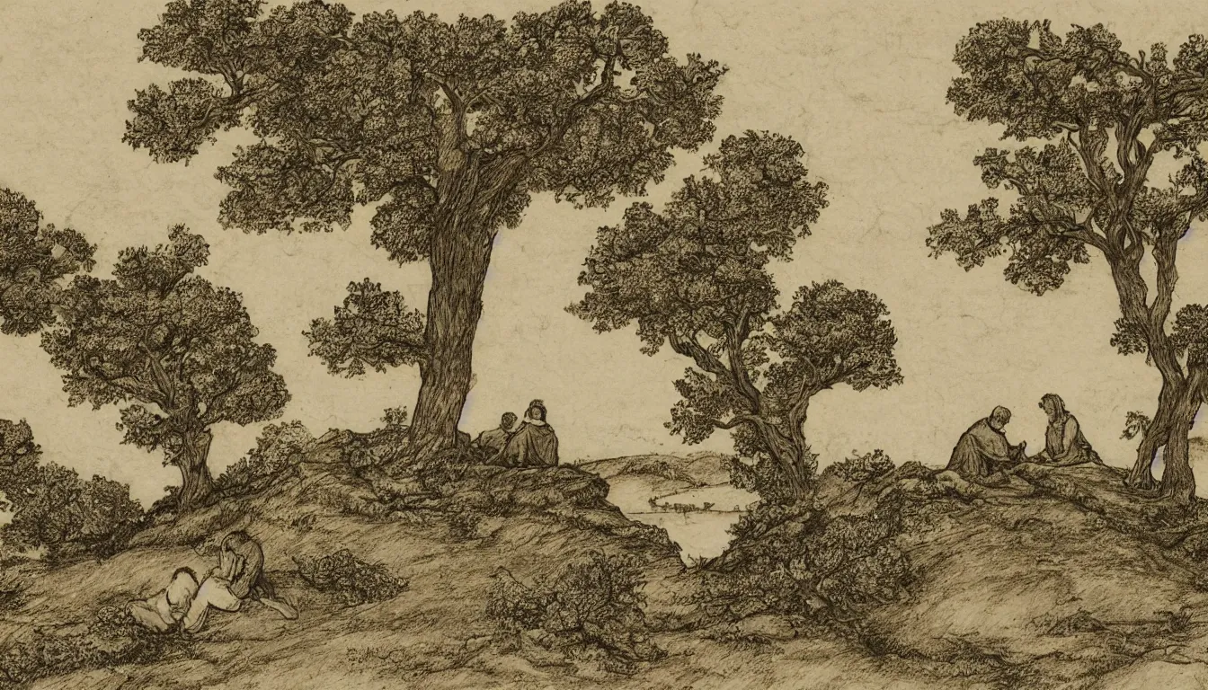 Image similar to a couple sits on a hill overlooking a river, yellowed paper, wind blown trees, pen and ink, 1 5 0 0 s, 8 k resolution