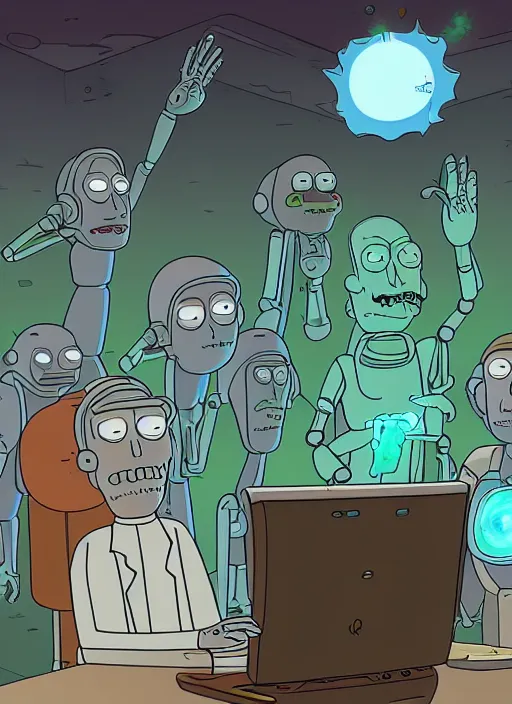 Prompt: an artificial intelligence in a robot exploding why studying how human hands look, rick and morty art style illustration, justin roiland, dan harmon, location is a science fiction planet