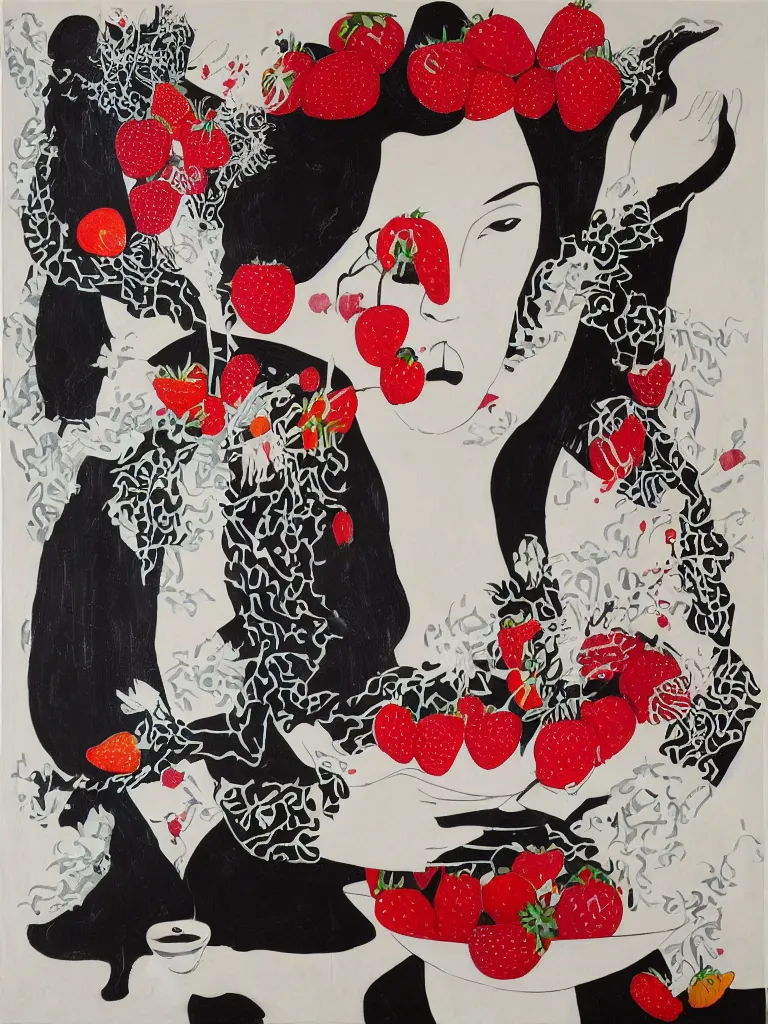 Image similar to “art in an Australian artist’s apartment, portrait of a woman wearing white cotton cloth, eating luscious fresh raspberries and strawberries and blueberries, Australian Aboriginal and Japanese stylistic influences, white wax, edible flowers, Japanese pottery, ikebana, black walls, acrylic and spray paint and oilstick on canvas”