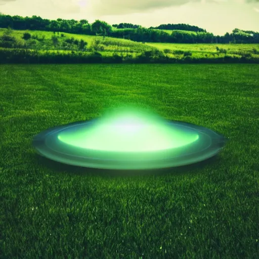Image similar to a photo of a realistic ufo landing on a green field, summer day