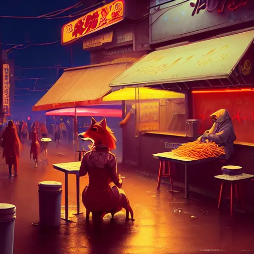 Image similar to splash art of anthropomorphic female vulpes vulpes fulva woman sitting at a noodle stand eating noodles in the crowded street of a cyberpunk city, rain, harsh neon lighting, realistic ultra detailed : by weta, greg rutkowski, wlop, ilya kuvshinov, rossdraws, artgerm, octane render, liosh, mucha