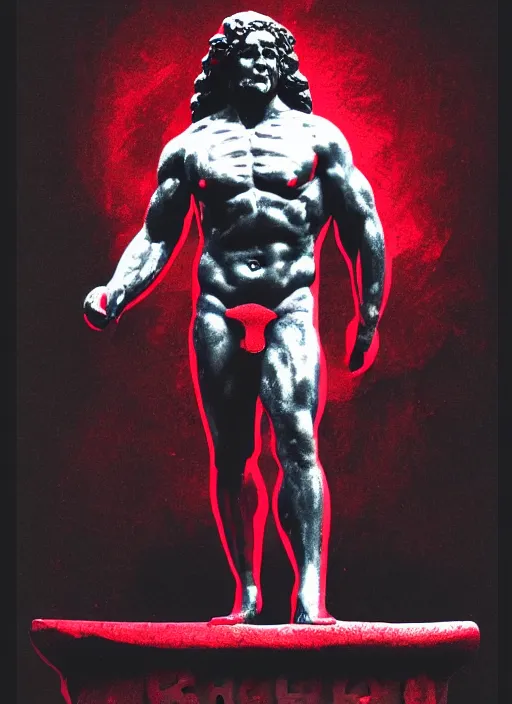 Image similar to design poster showing a statue of hercules, black background with very subtle red and purple design elements, powerful, nekro, vito acconci, graphic design, collage art, subtle thin straight lines, dark, glitch art, neo vaporwave, gritty, layout frame, square, trending on artstation