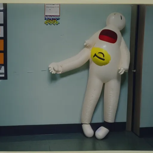 Image similar to teenage girl holds hands with smiley inflatable boyfriend at high school, 1978 color John Waters film, in school hallway, dirty walls, archival footage, technicolor film, 16mm, live action, Fellini, campy