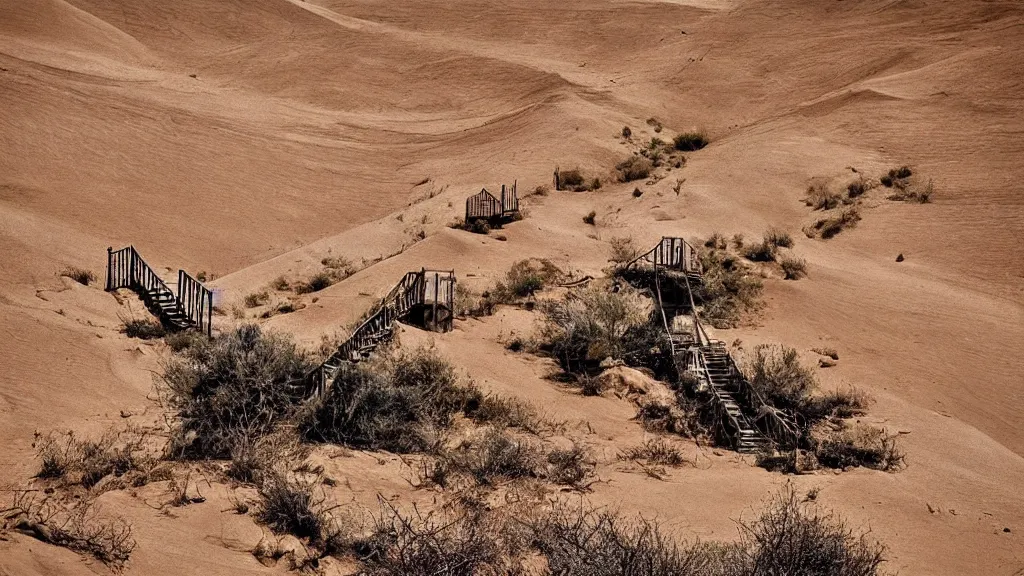 Prompt: stairs going nowhere in the middle of a desert, surrealism photography by Sarolta Bán