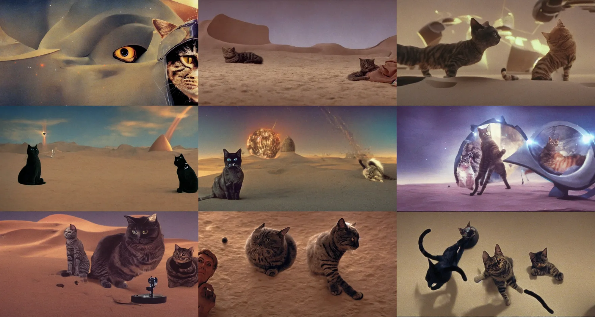 Prompt: the portrait of a cat painting the mass battle scene between bene gesserit women and harkonnens in the arrakis desert, spaceship exploding, laser guns, film still from the movie by alejandro jodorowsky with cinematogrophy of christopher doyle and art direction by hans giger, anamorphic lens, kodakchrome, 8 k,