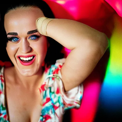 Prompt: 3 5 mm portrait of katy perry laughing in your face, a raging lightning storm in the sky.