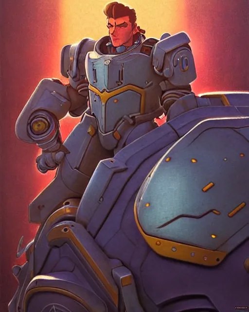 Image similar to reinhardt from overwatch, character portrait, portrait, close up, concept art, intricate details, highly detailed, vintage sci - fi poster, retro future, in the style of chris foss, rodger dean, moebius, michael whelan, and gustave dore