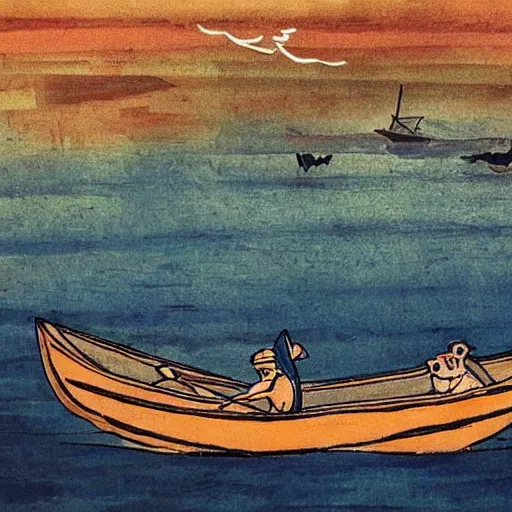 Image similar to “a pig rowing a boat”