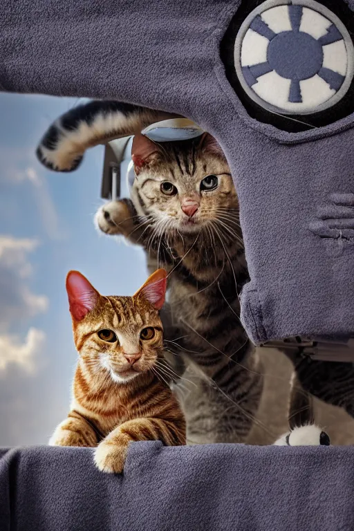 Image similar to star wars cats, cats put in different uniforms and situations, while aboard on a 1 2 mile capital ship. zoomed in shots, photorealistic, sharp focus, vintage cold colour temperture, f 0. 4, face centred, golden hour