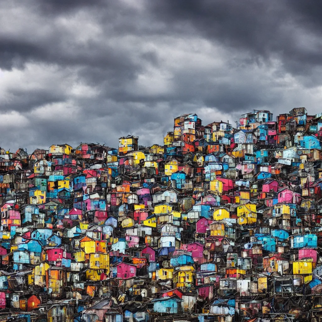 Image similar to close - up towers made up of colourful makeshift squatter shacks, bleached colours, dramatic cloudy sky, dystopia, mamiya, very detailed, ultra sharp, photographed by andy warhol