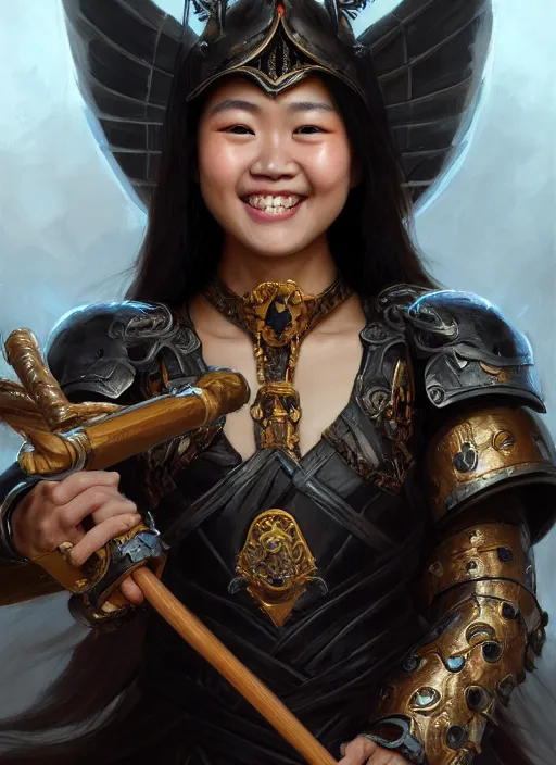 Image similar to Close-up portrait of smiling young asian woman wearing a black armor with skulls and a winged helmet and, holding a magic staff, portrait, fireball, highly detailed, digital painting, artstation, concept art, sharp focus, illustration, art by artgerm and greg rutkowski and alphonse mucha