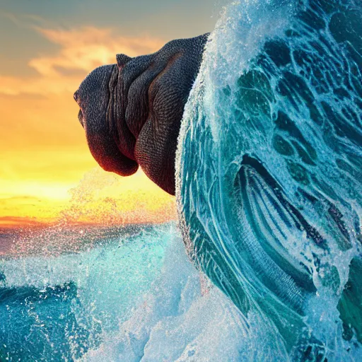 Image similar to a closeup photorealistic photograph of a cute knitted tiger hippopotamus riding an epic wave during sunset. well textured. surf in the background. professional capture. brightly lit scene. this 4 k hd image is trending on artstation, featured on behance, well - rendered, extra crisp, features intricate detail, epic composition and the style of unreal engine.