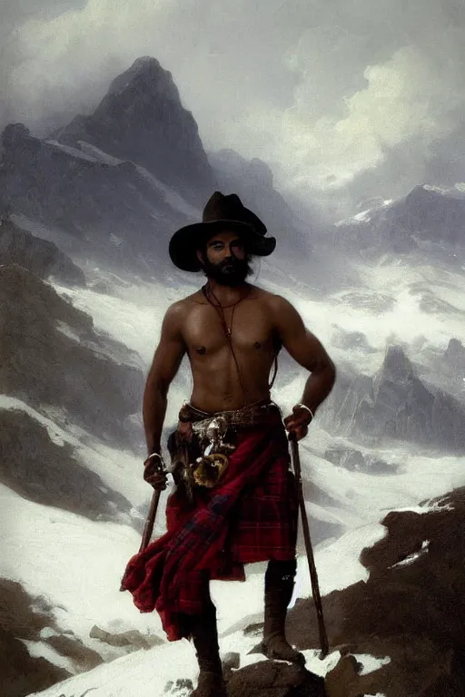 Prompt: a portrait by greg rutkowski and albert bierstadt of a handsome gorgeous shirtless desi mountaineer on a mountain peak | he has dark skin and is wearing a revealing tartan kilt, cowboy hat, and leather boots | he is holding a staff | background is snowy mountains and clouds | homoerotic, detailed face, dramatic, ethereal, dreamlike | trending on artstation