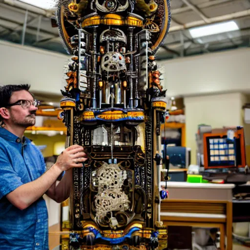 Image similar to a random pointlessly elaborate intricate contraption pneumatic machine with no apparent purpose, being operated by a scholarly looking man with a clear directed gaze, xf iq 4, f / 5. 4, iso 2 0 0, 1 / 1 6 0 s, 8 k, raw, unedited, symmetrical balance, in - frame