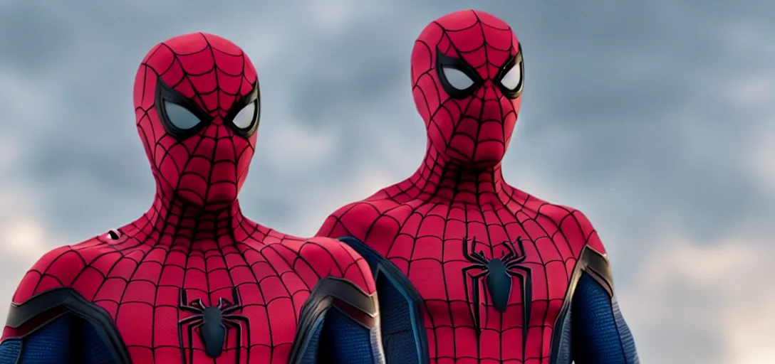 Image similar to Tom Hanks as Spider-Man, film still, wide-shot, full shot, cinematic lens, heroic portrait