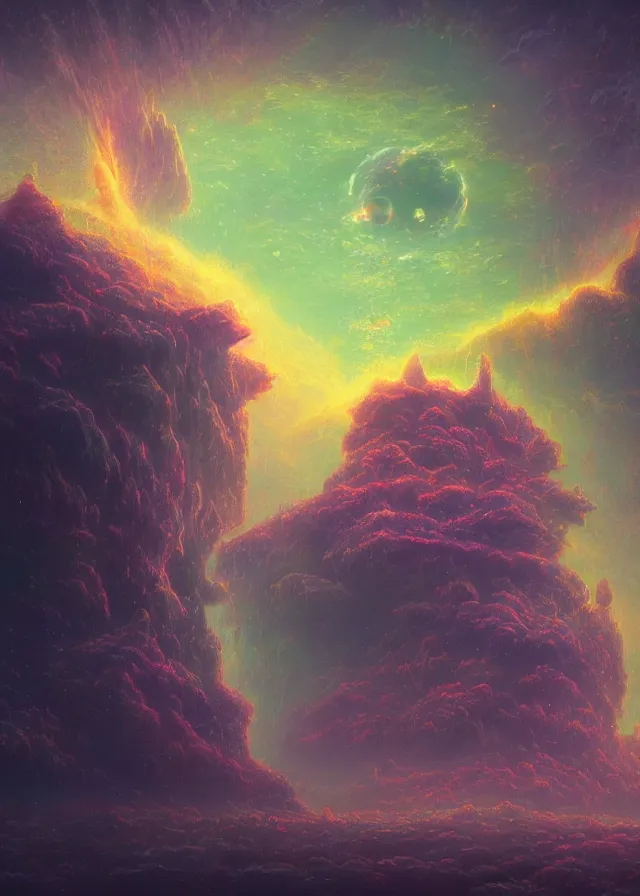 Prompt: an ultra detailed midjourney concept digital art painting of a flying island castle city, towers levitating across space in an iridescent nebula by paul lehr kazumasa uchio situated in a starry expanse of bioluminescent cosmic worlds by beksinski and beeple, ecological art, sharp details, floating citadel with towers, trending on artstation