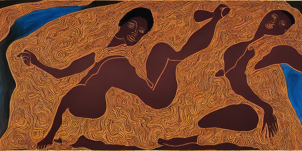 Image similar to an abstract spiritual landscape, portrait of a virile dark - skinned greek god dancing. 2 4 mm, photorealistic, muted color scheme, directed by mati klarwein