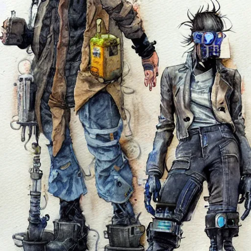 Image similar to watercolor of a cyberpunk mechanic, realistic, detailed, Industrial Scifi, in the style of Ashley Wood and Moebius