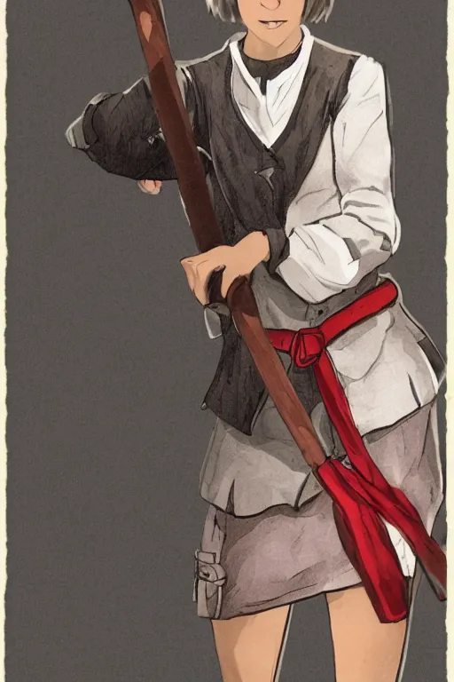 Prompt: young-looking dark-skinned british female mage with brown bob-cut hair, wearing white shirt and necklace with grey short-sleeved jacket with red trim, belt, black pants and boots with red lacing, and carrying a wooden staff with floating red crystals. illustrated by Viorie