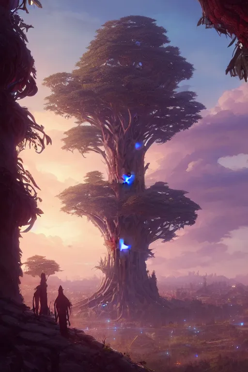 Image similar to a city built on a giant tree, unreal engine, fantasy art by greg rutkowski, loish, rhads, ferdinand knab, makoto shinkai and lois van baarle, ilya kuvshinov, rossdraws, tom bagshaw, global illumination, radiant light, detailed and intricate environment