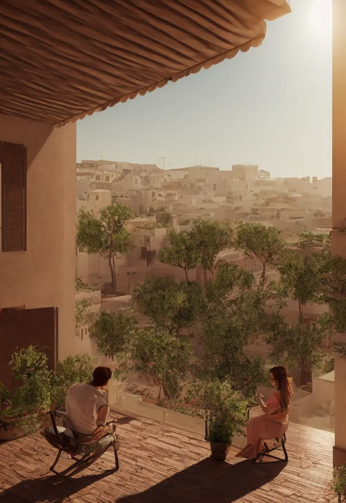 Image similar to italian balcony with a person smoking on a hot weather with desert dunes in the background, realistic, soft natural volumetric lighting, beautifully detailed 4 k octane render, 4 k post processing 8 k