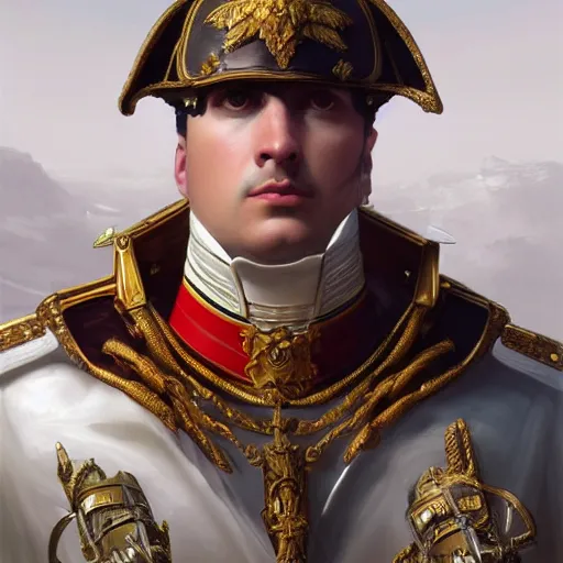 Image similar to portrait of divine emperor napoleon bonaparte, handsome, tall, dieselpunk steampunk napoleonic french baroque, metal shoulder pauldrons, intricate, highly detailed, digital painting, artstation, concept art, sharp focus, cinematic lighting, illustration, art by artgerm and greg rutkowski, alphonse mucha, cgsociety