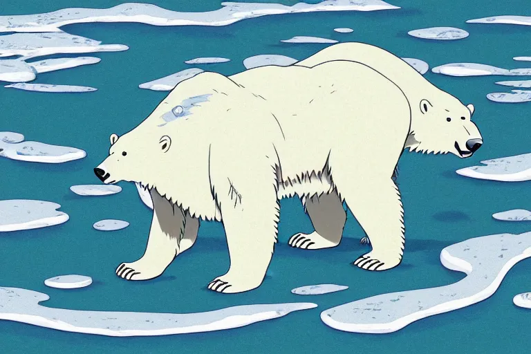 Prompt: cell shaded cartoon of a giant mechanized grey polar bear from howl's moving castle ( 2 0 0 4 ), wading through an icy river, full body, wide shot, very muted colors, post grunge, studio ghibli, highly detailed, deviantart, art by artgem