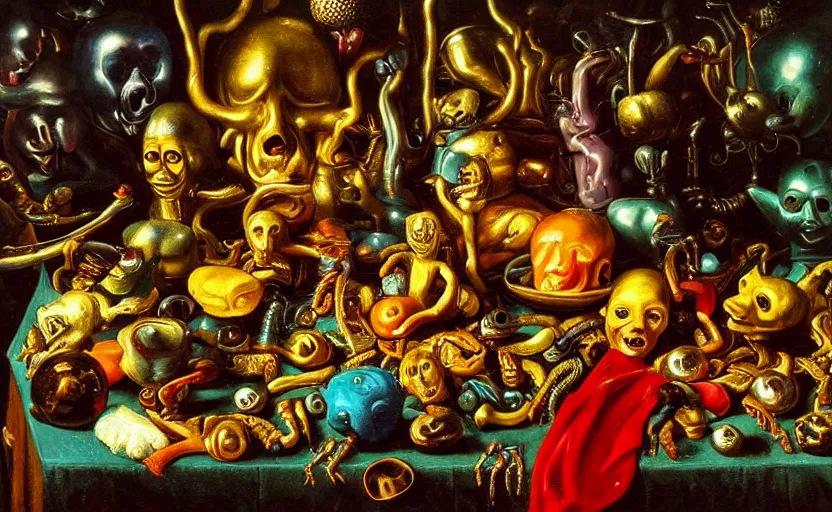 Prompt: disturbing colorful oil painting dutch golden age vanitas still life with bizarre recursive humanoid faces strange beautiful curvy women metal objects shiny gooey surfaces shiny metal bizarre insects rachel ruysch dali todd schorr very detailed perfect composition rule of thirds masterpiece canon 5 0 mm, cinematic lighting, chiaroscuro