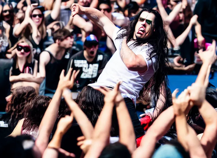 Prompt: photo still of andrew wk at the vans warped tour!!!!!!!! at age 3 6 years old 3 6 years of age!!!!!!!! stage diving into the crowd, 8 k, 8 5 mm f 1. 8, studio lighting, rim light, right side key light