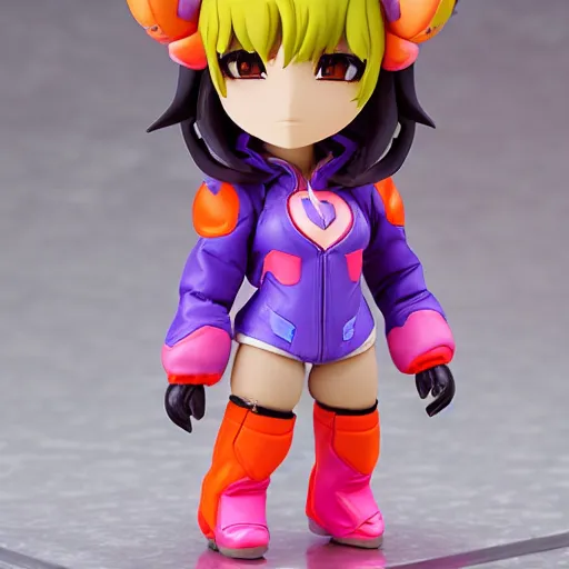 Image similar to magic mushroom, d. va from overwatch wearing orange puffy bomber jacket, nendroid, craig mullins style