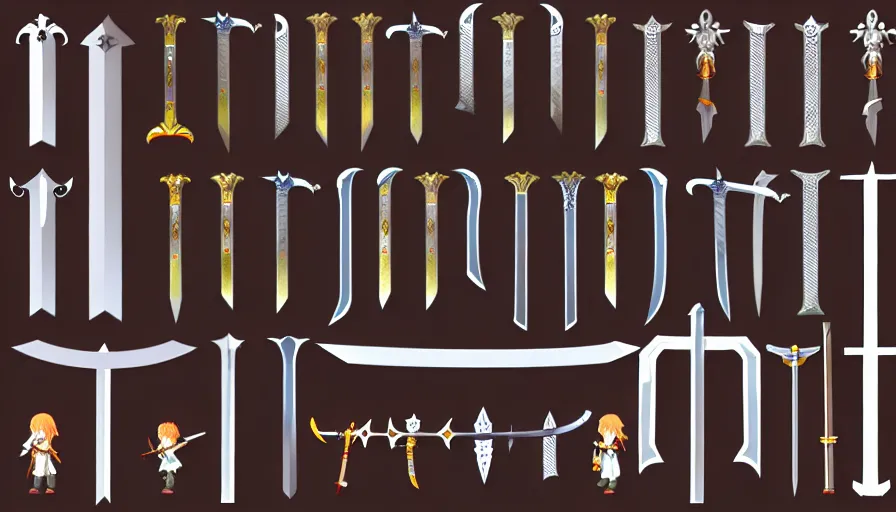 Image similar to collection of sword sprites on transparent background, very high quality digital art