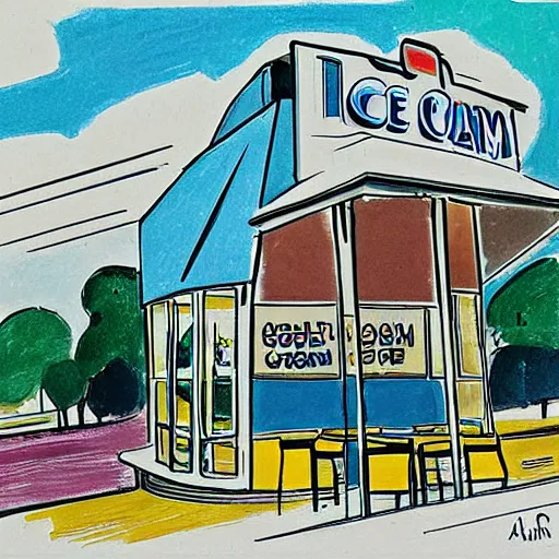 Image similar to ice cream store by alvar aalto, colorful, sketch