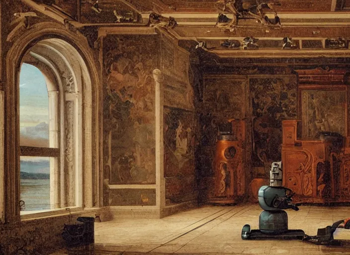 Prompt: a portrait of a robot sitting in a small boat fishing in a renaissance castle room flooded with water,