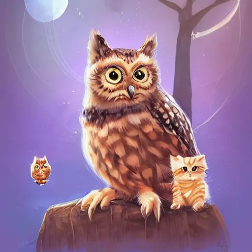 Image similar to a wise owl and a cute kitten, digital art, concept art, gemmy woud binnendijk, nixeu, artgerm