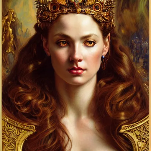 Prompt: highly detailed portrait of a majestic lioness queen in the form of a beautiful woman. d & d. art by eugene delacroix, donato giancola, anna dittmann, arthur adams, alberto vargas. trending on artstation, intricate details, energetic composition, golden ratio, concept art, illustration, elegant art, global illuminaition