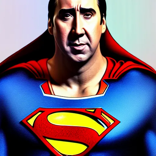 Image similar to upper body portrait of nicolas cage as superman, intricate, elegant, highly detailed, digital painting, artstation, concept art, smooth, sharp focus, illustration, art by artgerm and greg rutkowski and alphonse mucha, 8 k