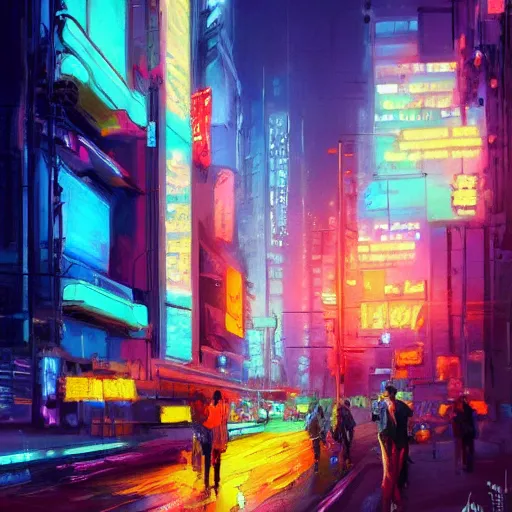 Image similar to acrylic painting, impressionism and expressionism, strong emotional impact, bold pastel colors, expressive brushstrokes, overall sense of movement in the composition. an art deco cyberpunk streetscape lined with beautiful flowers, by liam wong and tyler edlin, trending on artstation