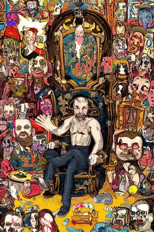 Image similar to a man sitting in a throne, surrounded by your alternative personalities in lowbrow art style