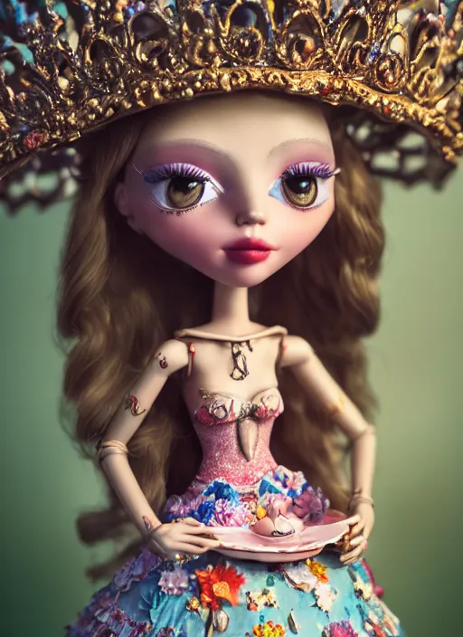 Image similar to closeup face profile portrait of a tin toy fairytale princess wearing a crown eating cakes, bikini, depth of field, zeiss lens, detailed, symmetrical, centered, fashion photoshoot, by nicoletta ceccoli, mark ryden, lostfish, breathtaking, 8 k resolution, extremely detailed, beautiful, establishing shot, artistic, hyperrealistic, octane render