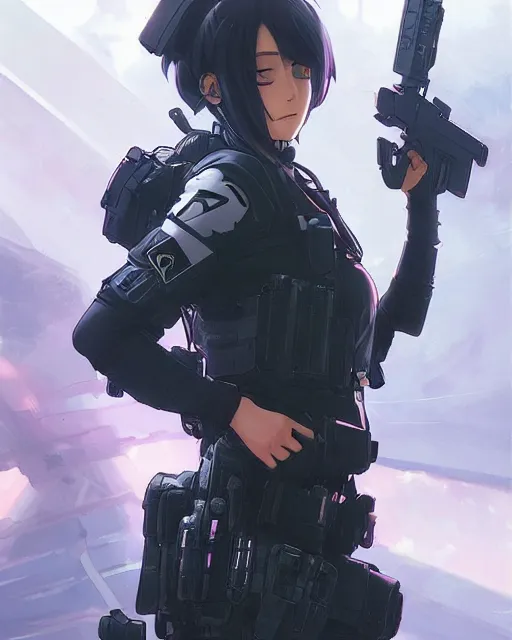 Image similar to anime key visual of a young female swat officer, neon, cyberpunk, futuristic, white top, black vest, stunning, highly detailed, digital painting, artstation, smooth, soft focus, illustration, art by artgerm and greg rutkowski and alphonse mucha